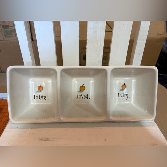 Rae Dunn White Triple Dish with Pumpkin Design - Picture 1 of 2